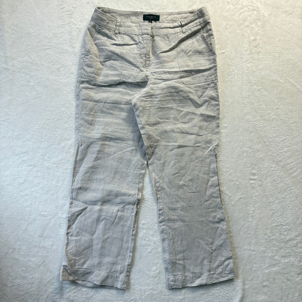 Talbots Pants Women Sz 8 Petite Beige Linen Cropped Straight Leg